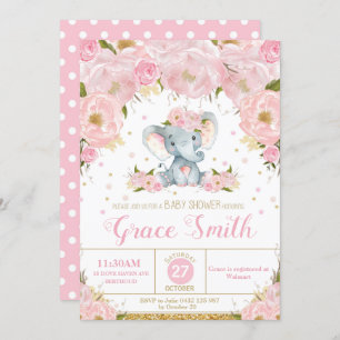 Elephant Floral Baby shower Invitation Girl Kaart