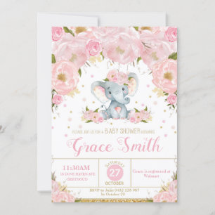 Elephant Floral Baby shower Invitation Girl Kaart