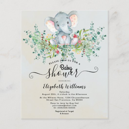 Elephant Floral Eucalyptus Baby douche Invitaties Flyer (Voorkant)