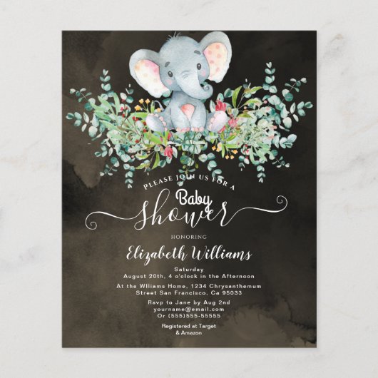Elephant Floral Eucalyptus Baby douche Invitaties Flyer (Voorkant)