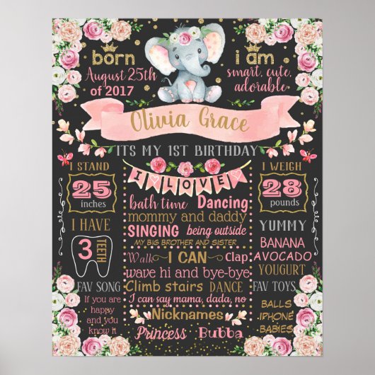 Elephant Floral First Birthday board Poster (Voorkant)