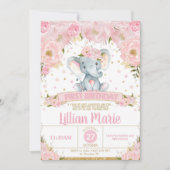 Eléphant floral rose 1er anniversaire Invitation f (Devant)