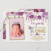 Eléphant Floral Violet Premier Invitation d'annive (Devant / Derrière)