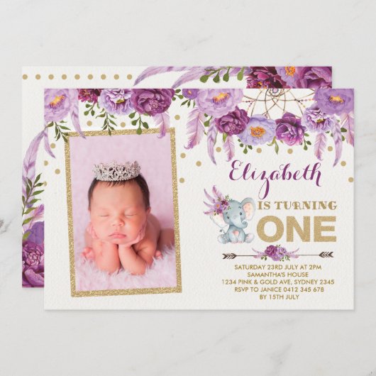 Eléphant Floral Violet Premier Invitation d'annive (Devant / Derrière)