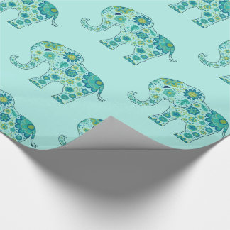 Elephant Flowers Blauwgroen Cadeaupapier