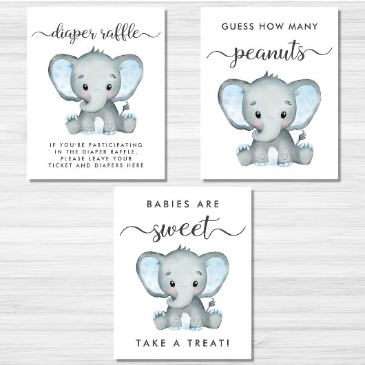 Elephant Games Favore Baby Boy Shower Poster Set