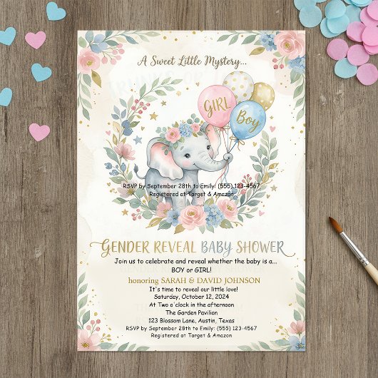Elephant Gender Reveal Invitation | Pink & Blue Fl