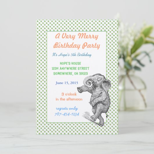 Eléphant Giraffe Anniversaire Invitation Green Dot (Debout devant)