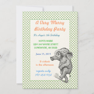 Eléphant Giraffe Anniversaire Invitation Green Dot