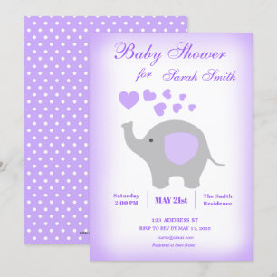 Elephant Girl Baby shower Invitation Paars Hearts Kaart