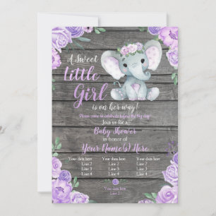 Elephant Girl Invitation, Floral rustic, paars Kaart