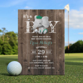 Elephant Golf Boy Rustic Barn Wood Baby shower Kaart