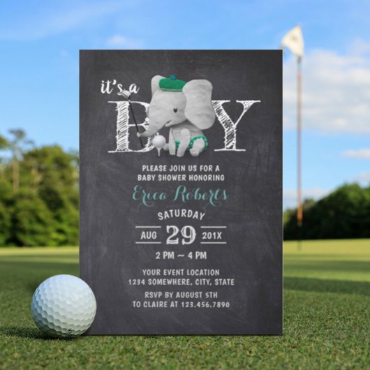 Elephant Golf Boy Rustic Chalkboard Baby shower Kaart