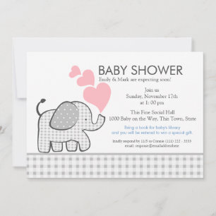 Elephant Gray Gingham-Baby shower Kaart