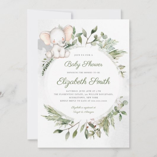 Elephant Green Foliage Baby shower Invitation (Devant)