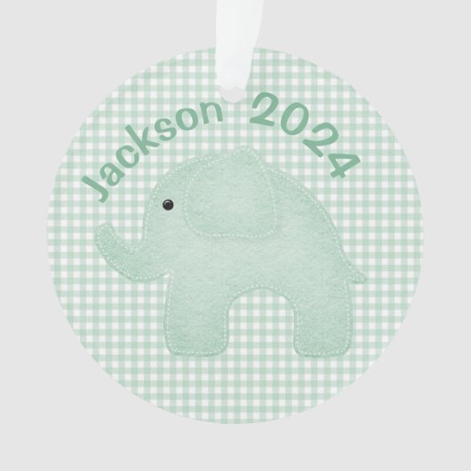 Elephant Green Play Gingham Personalized Nursery Ornament (voorkant)