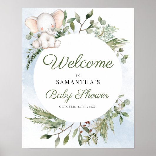Elephant Greenery Boy Baby shower Welkomstbord Poster (Voorkant)