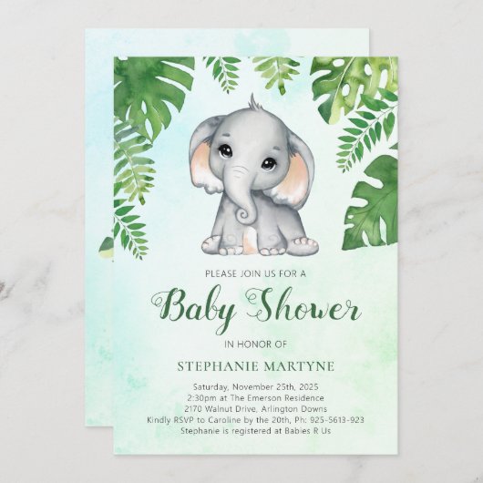 Elephant Greenery Foliage Waterverf Baby shower I Kaart (Voorkant / Achterkant)