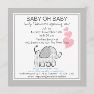 Elephant Grey Gingham Baby shower Kaart