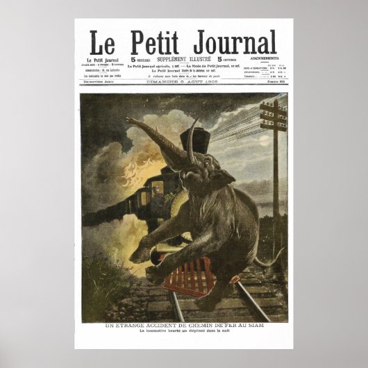 Elephant hit by train - 1908 French newspper print (Voorkant)