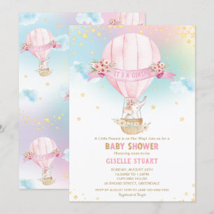 Elephant Hot Air Ballon Baby shower Girl Kaart
