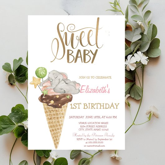 Elephant Ice Cream Striped Birthday Kaart