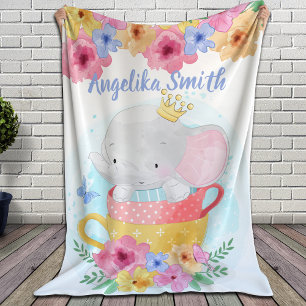 Elephant in een Teacup met Bloemen en de Naam van  Fleece Deken
