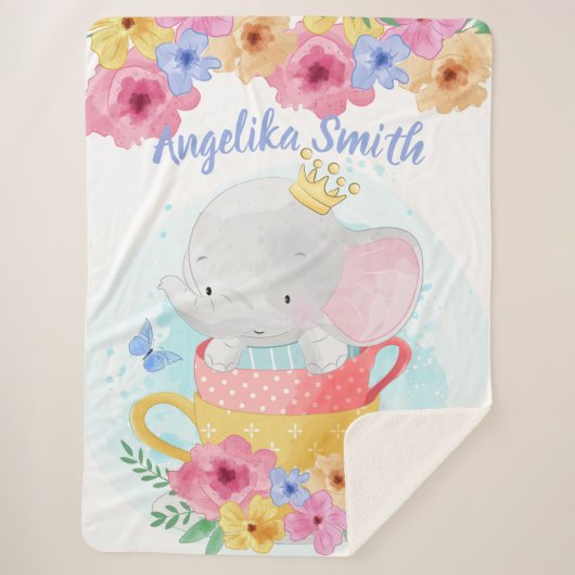 Elephant in een Teacup met Bloemen en de Naam van  Sherpa Deken (Voorkant)
