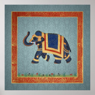 Eléphant indien bleu gris rouge or Poster