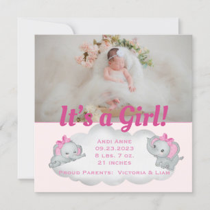 Elephant It's a Girl Pink Photo Birth Announcement