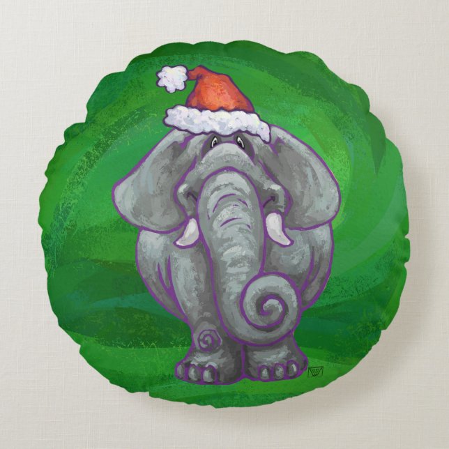 Elephant Kerstmis op groen Rond Kussen (Voorkant)