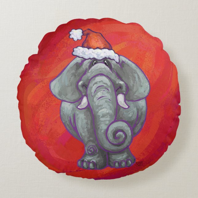 Elephant Kerstmis op rood Rond Kussen (Voorkant)