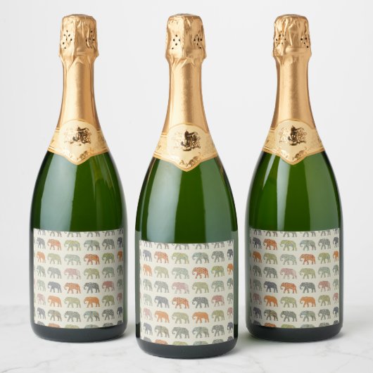 Elephant kleurrijk dierenpatroon hedendaags sparkling wijnetiket (Flessen)