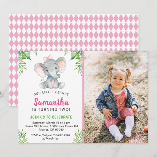 Elephant Little Peanut Girl Verjaardagsfeestje Fot Kaart (Voorkant / Achterkant)