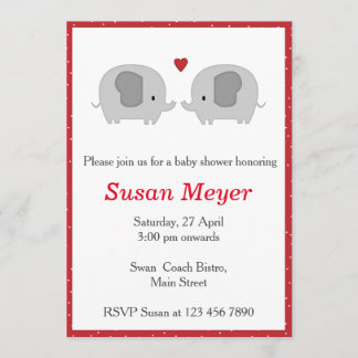Elephant Love Heart Baby Invitation Red Kaart