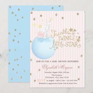 Elephant, maan, Glitter Stars Striped Baby shower Kaart
