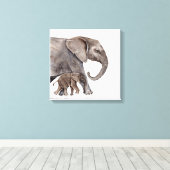 Eléphant mère avec toile d'éléphant bébé (Insitu (Plancher de Bois))