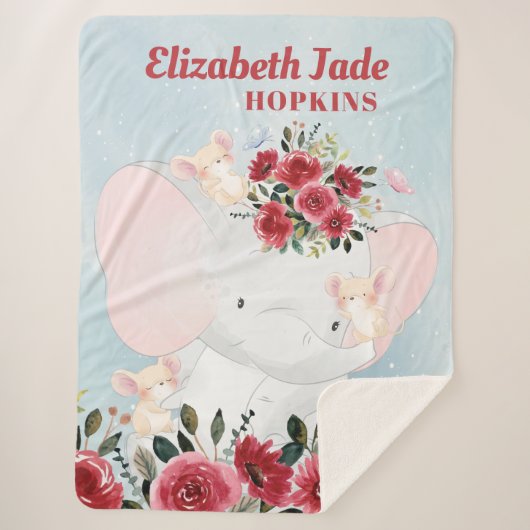 Elephant met Bourgogne Maroon Flowers + Naam Sherpa Deken (Voorkant)