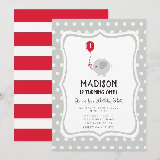 Elephant met Red Balloon Birthday Party Invite Kaart (Voorkant / Achterkant)