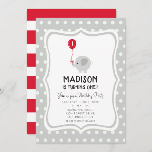 Elephant met Red Balloon Birthday Party Invite Kaart