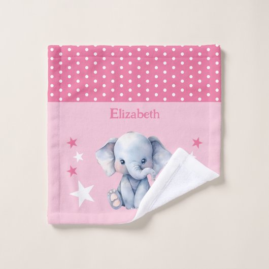 Éléphant mignon ajouter nom pois étoiles rose (Gant de toilette)