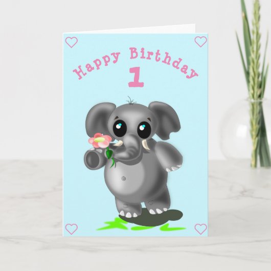Eléphant mignon avec carte d'anniversaire Fleur (Devant)