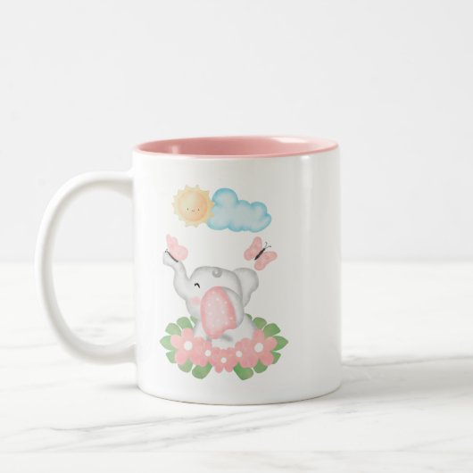 Eléphant mignon bébé avec fleurs roses Mug (Gauche)