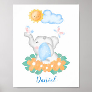 Eléphant mignon bébé avec poster de fleurs orange