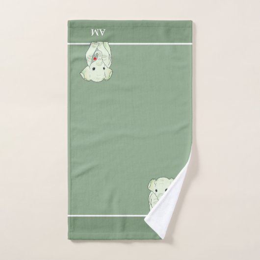 Eléphant mignon et monogramme sur vert (Serviette à main)