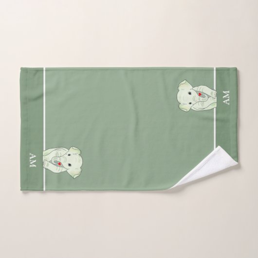 Eléphant mignon et monogramme sur vert (Serviette à main)