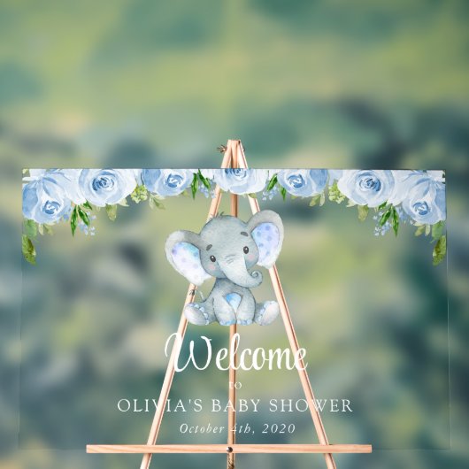 Eléphant mignon, Fleurs Bleues, Baby shower Bienve (Neutre)