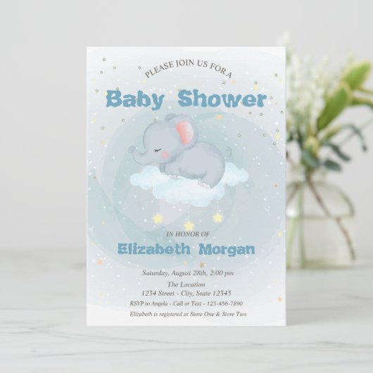 Eléphant mignon, Nuage, Étoiles Invitation Baby sh (Debout devant)