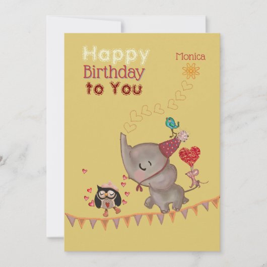 Eléphant mignon & Souris Carte Jaune d'anniversair (Devant)