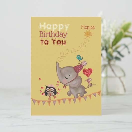 Eléphant mignon & Souris Carte Jaune d'anniversair (Debout devant)